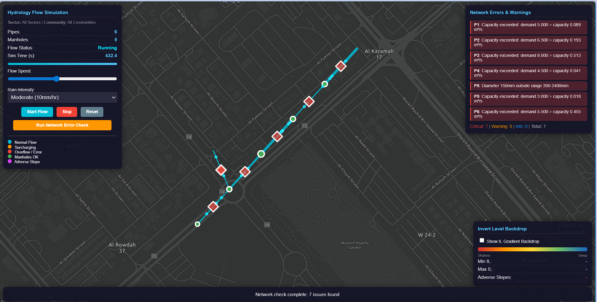 Hydrology flow simulation showing pipe capacity exceedance warnings across Abu Dhabi street network